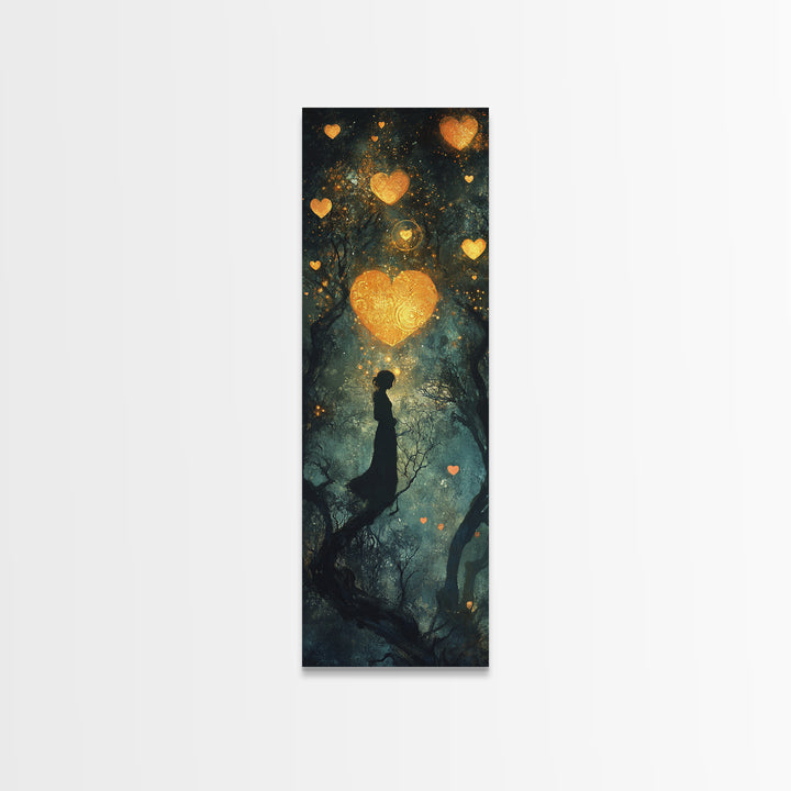 Mystical Heart Silhouette Canvas Print with Starry Night Forest, Moody Wall Art Gift Idea in Whimsical Romantic Style
