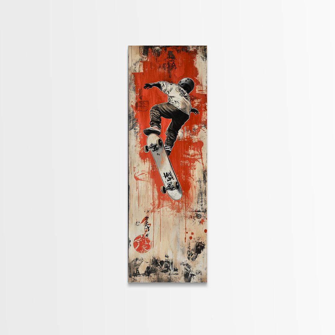 Skateboarder Canvas Print, Red and Black Urban Wall Art, Graffiti Inspired Vertical Artwork, Gift Idea for Living Room or Teen Bedroom