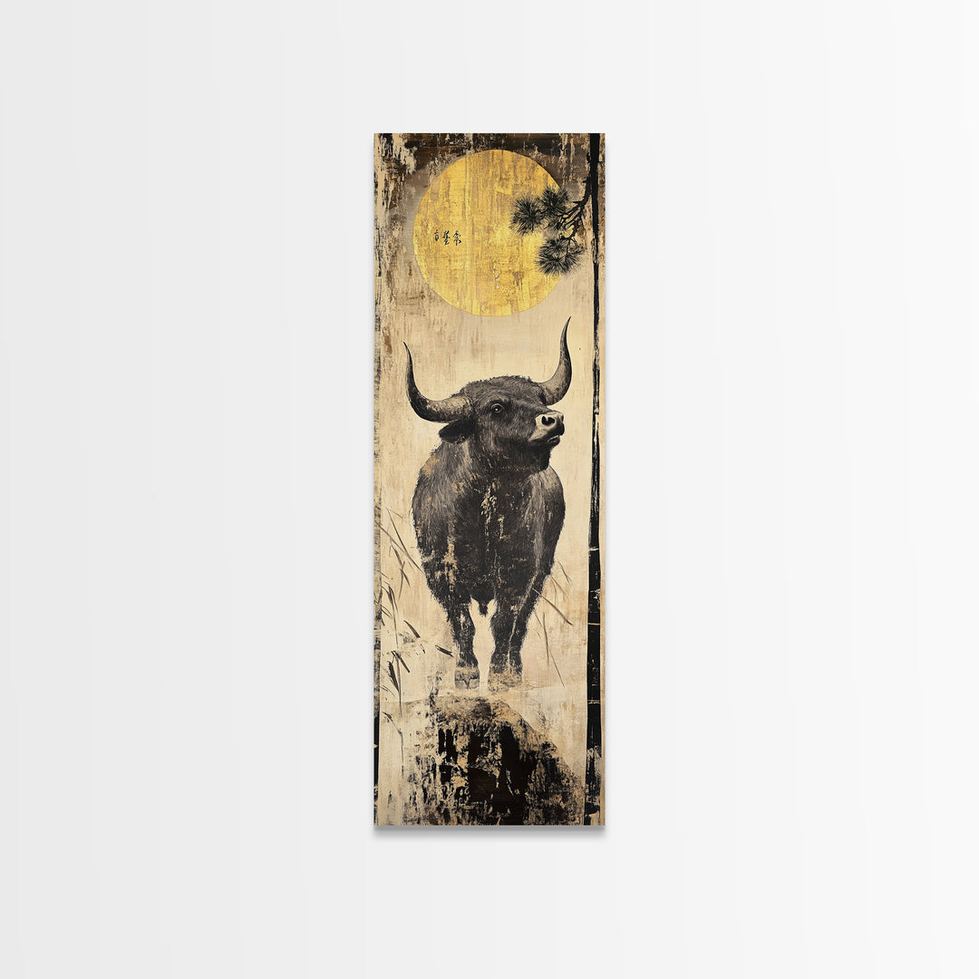 Modern Bull Artwork Framed Canvas Print, Rustic Animal Wall Art, Farmhouse Decor, Vertical Skinny Art, Pine Tree Moonlight Scene