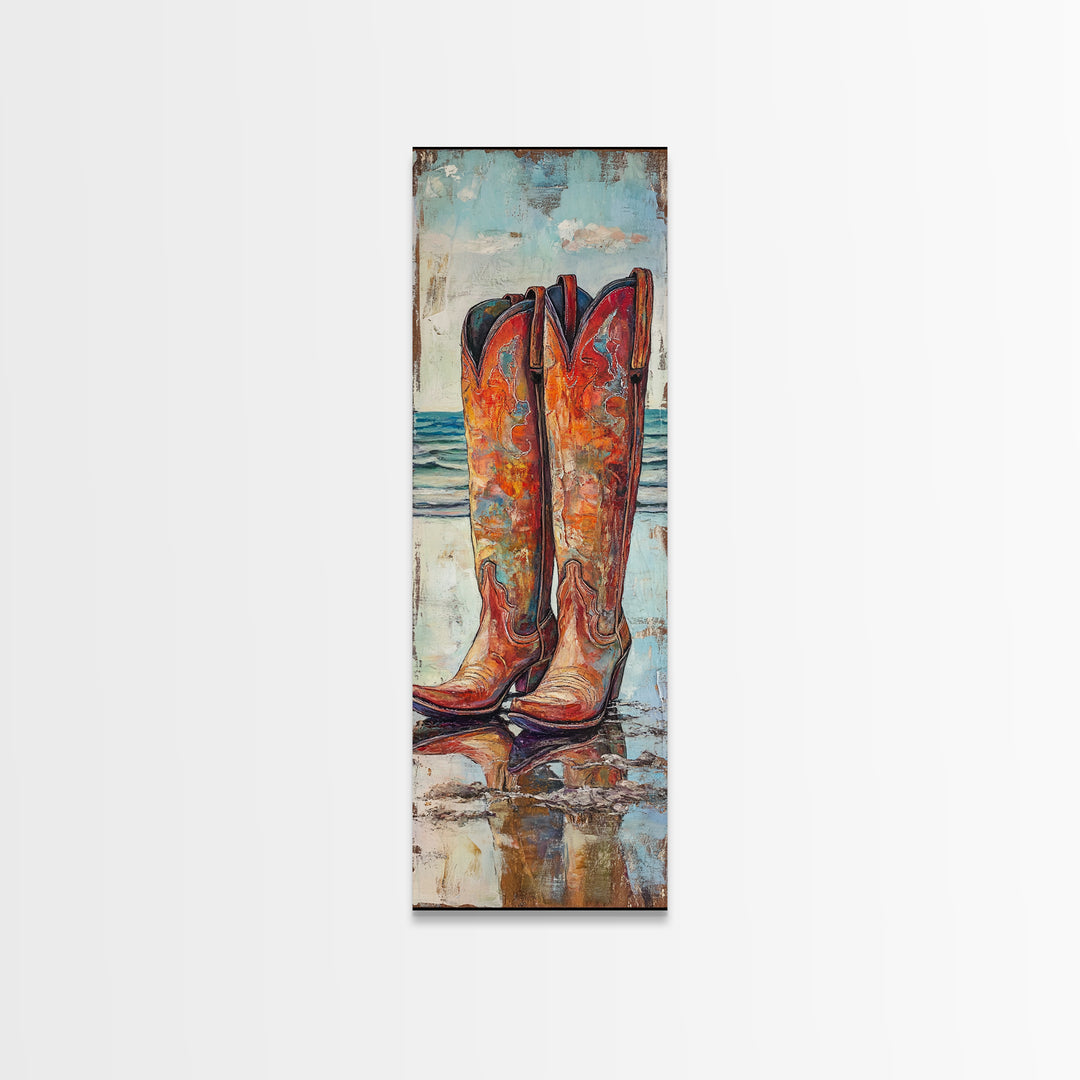 Rustic Cowboy Boots Canvas Print, Coastal Cowgirl Wall Art, Farmhouse Rustic Decor, Western Style Vertical Skinny Artwork