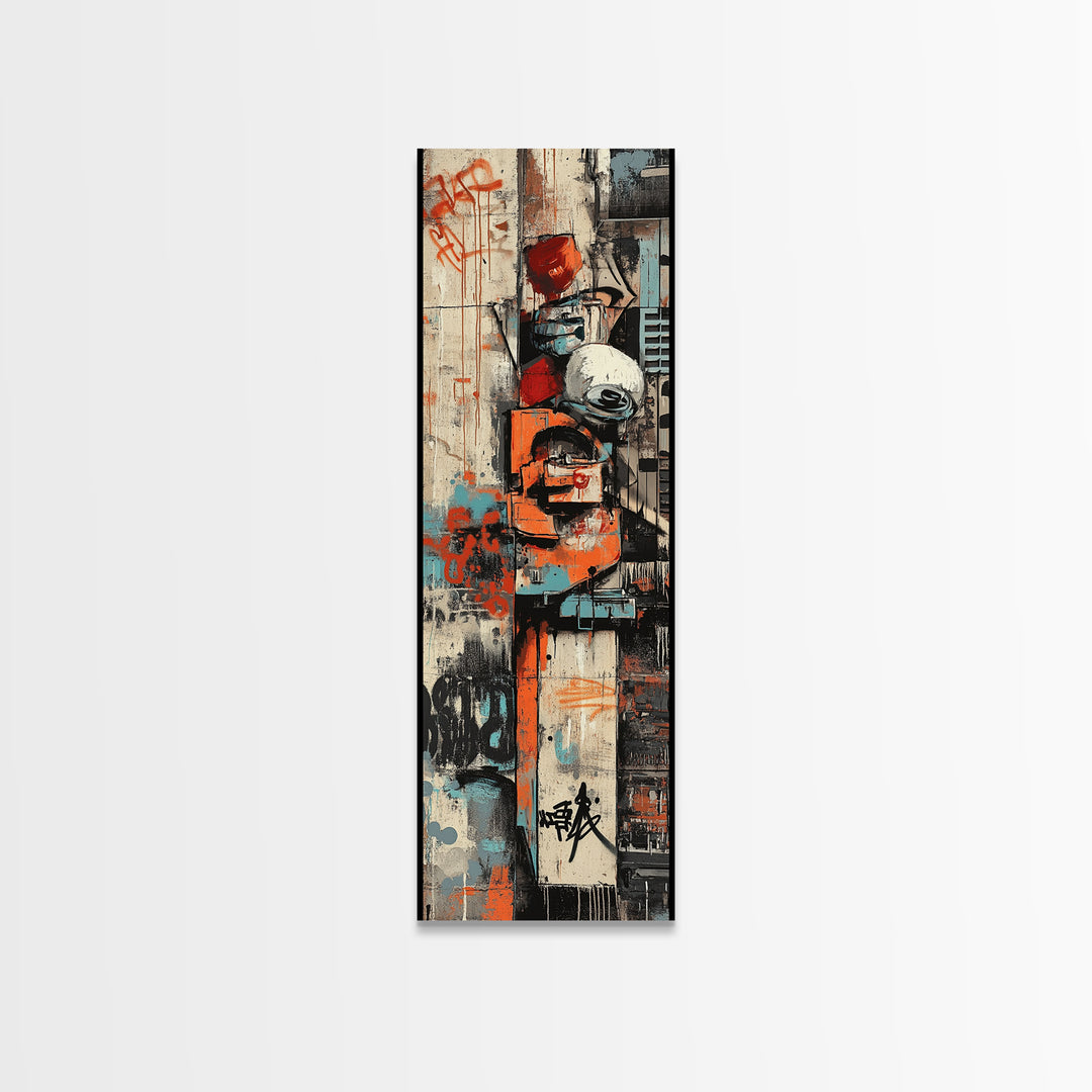 Urban Graffiti Canvas Print with Orange and Teal Accents, Long Narrow Wall Art for Contemporary Home or Living Room Decor