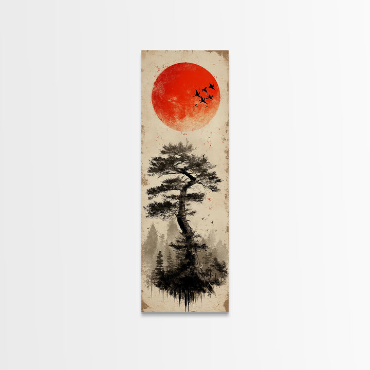 Bold Red Sun Pine Tree Framed Canvas Print Japanese Inspired Minimalist Wall Art Rustic Zen Decor Unique Vertical Nature Artwork