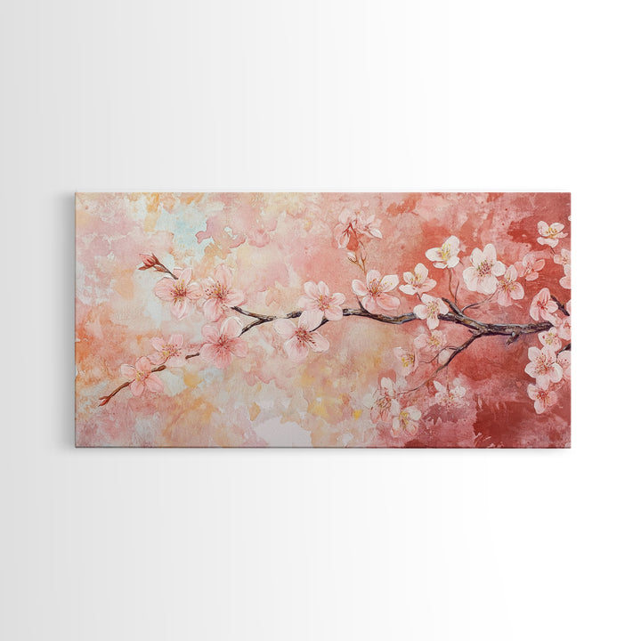 Cherry Blossom Painting Framed Canvas Print, Light Pink Wall Art Living Room Decor, Horizontal Wall Art Rustic Art Gift Idea for Her