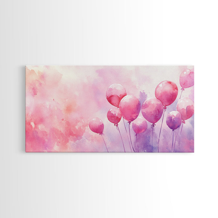 Pink Balloons Painting Framed Canvas Print, Whimsical Art Light Pink Wall Decor, Extra Wide Horizontal Wall Art Rustic Art Gift