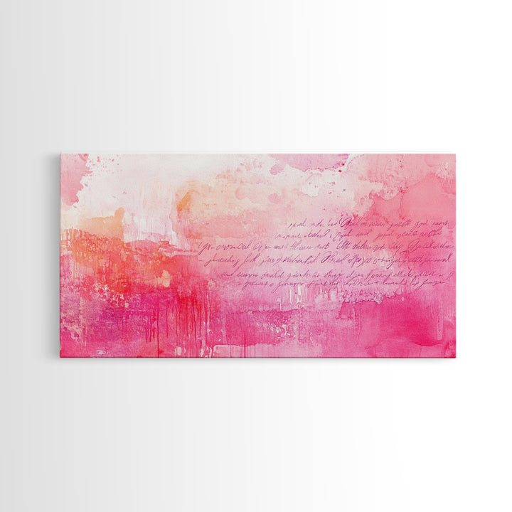 Abstract Pink Writing Framed Canvas Print, Light Pink Wall Art Chinoiserie Whimsical Decor, Rustic Wall Art Horizontal Gift Idea