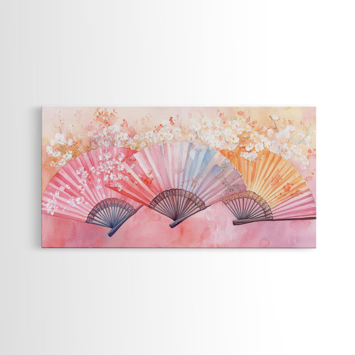 Cherry Blossom Fan Canvas Print Japanese Inspired Art Framed Pink Orange Wall Art Long Narrow Skinny Bedroom Rustic Spring Decor
