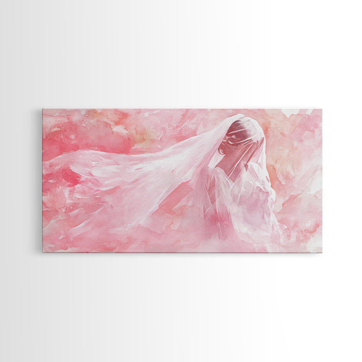 Delicate Veiled Woman Canvas Print Light Pink Wall Art Feminine Minimalist Art Bedroom Decor Above Bed Boho Art Gift Idea