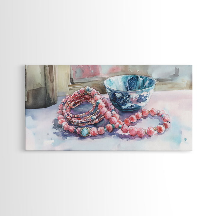 Beaded Necklace Canvas Print | Whimsical Boho Jewelry Wall Art | Pink and Blue Pastel Artwork | Feminine Room Decor | Gift Idea for Her