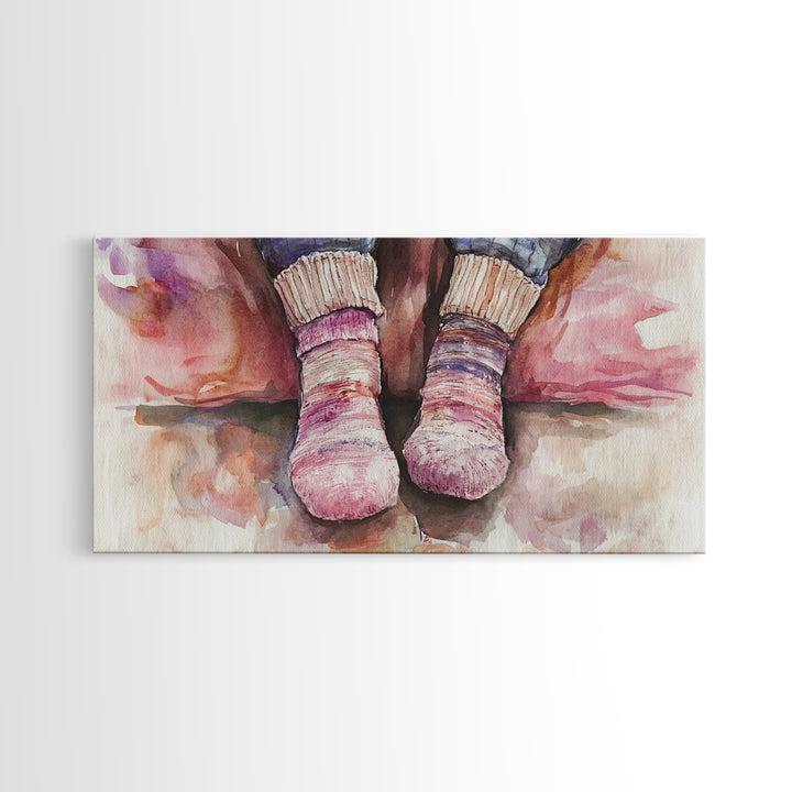 Cozy Socks Canvas Print, Rustic Light Pink and Warm Toned Painting, Whimsical Art as Fall Decor for Bedroom or Lounge Area