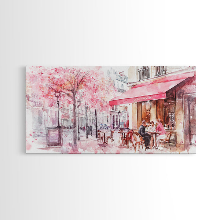 Parisian Café Scene Framed Canvas Print, Cherry Blossom Painting, European Street Art, Romantic Wall Art, Living Room Decor