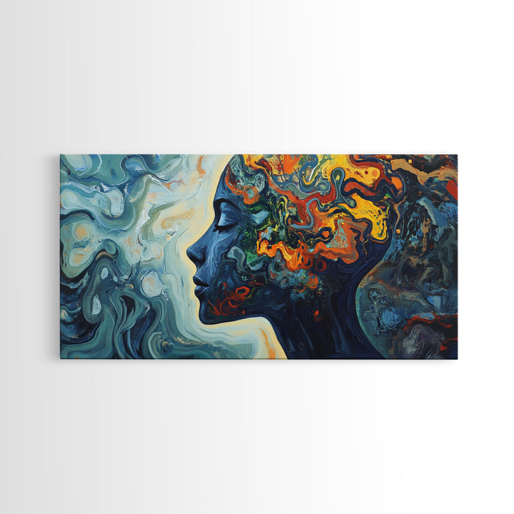 Abstract Woman Mind Framed Canvas Print - Artistic Brain Art Therapy Decor - Blue and Green Geometric Wall Art Minimalist Style