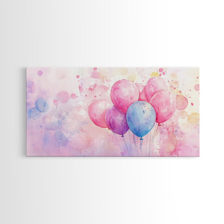 Balloon Cluster Canvas Print | Whimsical Art, Light Pink and Blue Wall Art, Birthday Decor, Pastel Wall Art, Playroom Art, Living Room Decor