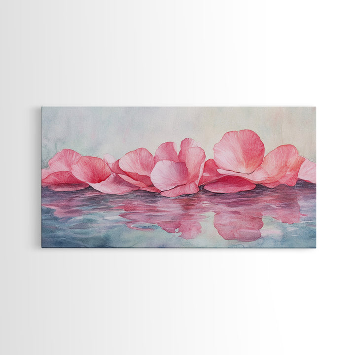 Delicate Rose Petals Reflected in Water Pink Wall Art on Framed Canvas Print, Romantic Bedroom or Living Room Accent Art