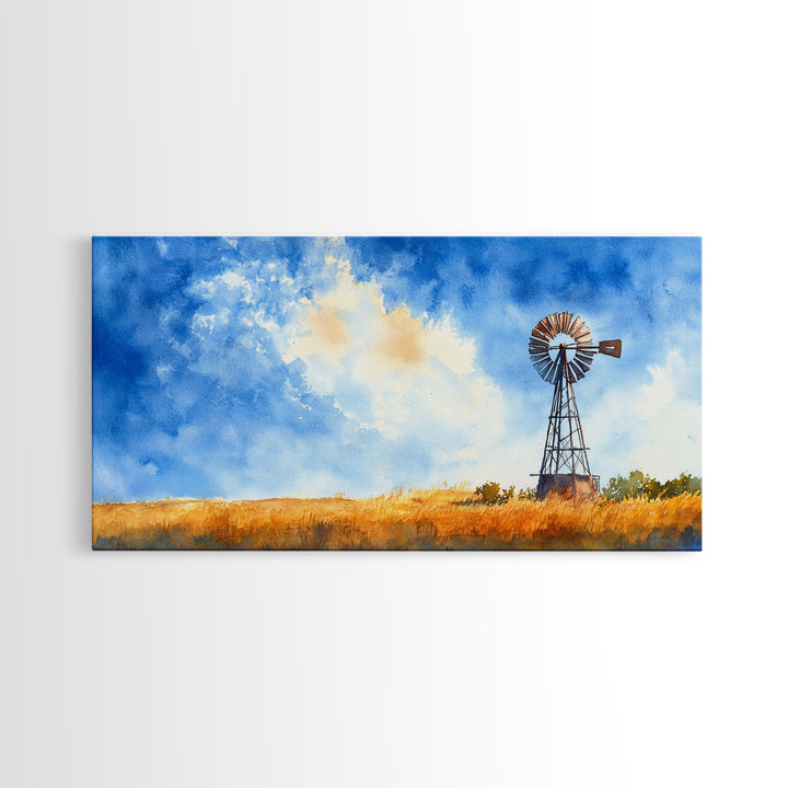 Bright Blue Sky Windmill Framed Canvas Print Rustic Farmhouse Art Horizontal Artwork Ideal Above Sofa Unique Living Room Wall Decor