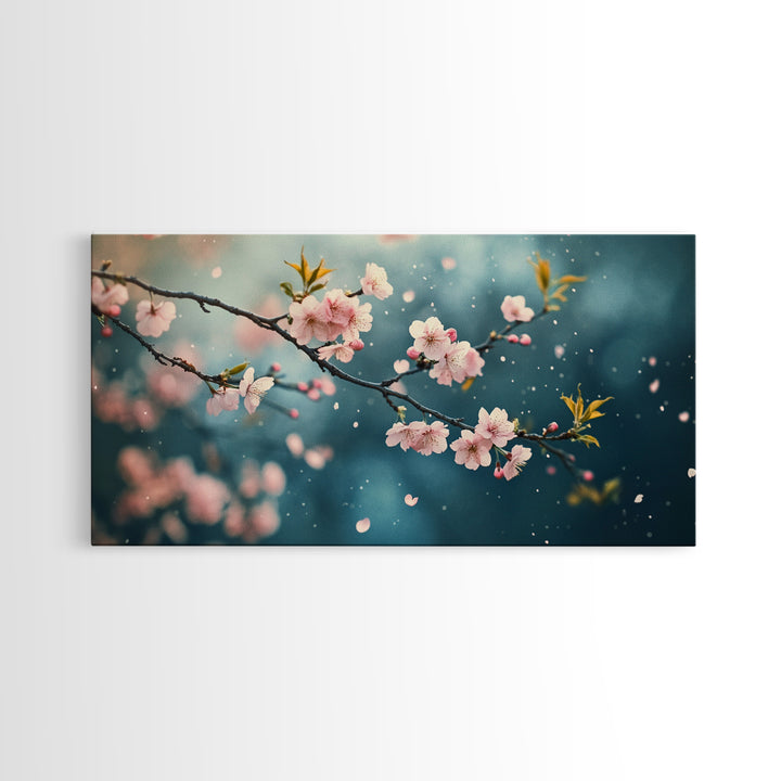 Blossoming Cherry Branch Framed Canvas Print Japanese Style Rustic Decor Great Gift Idea Botanical Prints Beautiful Bedroom Wall Art