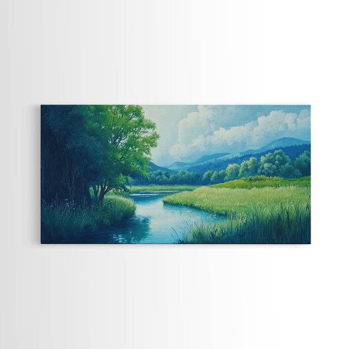 Canvas Print of Serene Green Valley and River Landscape, Rustic Wall Art, Gift Idea for Nature Lovers and Rustic Home Decor