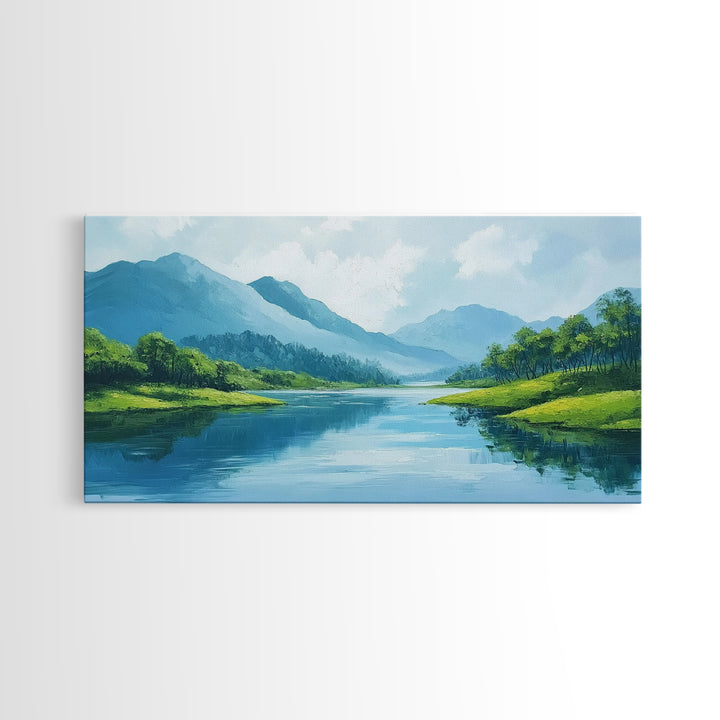 Blue Landscape Framed Canvas Print, Smoky Mountain Art Above Sofa Decor, Coastal Painting Gift Idea Living Room Horizontal Wall Art