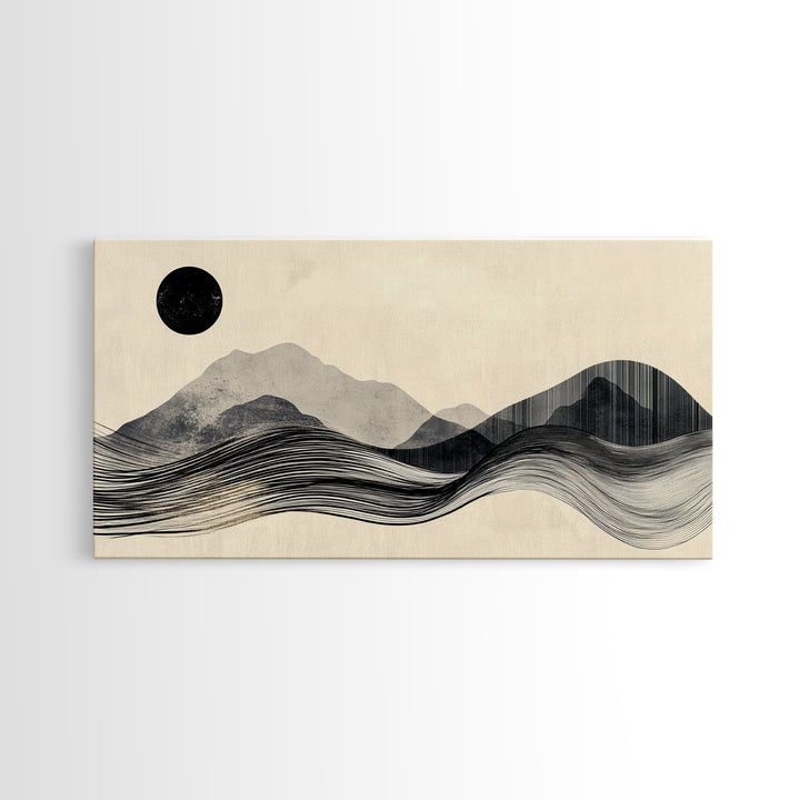 Abstract Mountain Landscape Framed Canvas Print, Wabi Sabi Wall Art Minimalist Decor, Rustic Line Art Idea Bedroom Artwork Vertical Design
