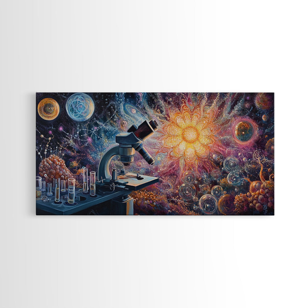 Zen Science Art Framed Canvas Print, Molecular Cosmos Microscope Painting, Moody Therapy Wall Decor, Above Sofa Living Room Art