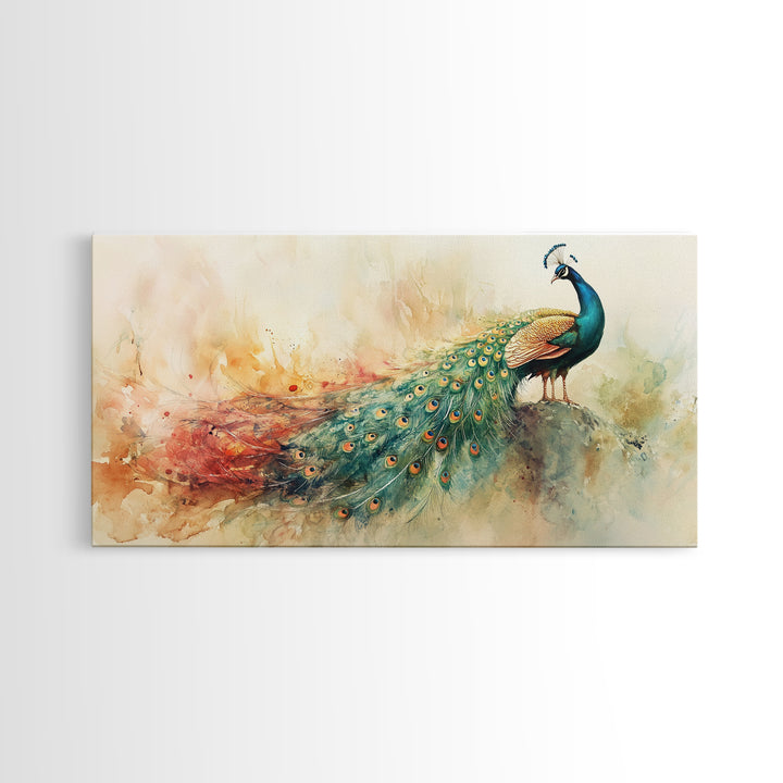 Elegant Peacock Wall Art Canvas Print, Colorful Wildlife Painting, Moody Therapy Art, Unique Bedroom Decor Gift Idea, Botanical Prints