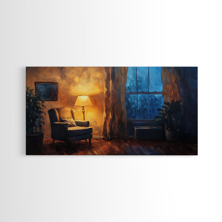 Cozy Armchair Framed Canvas Print, Rustic Living Room Art, Moody Interior Wall Art, Farmhouse Above Sofa Decor, Gift Idea For Him