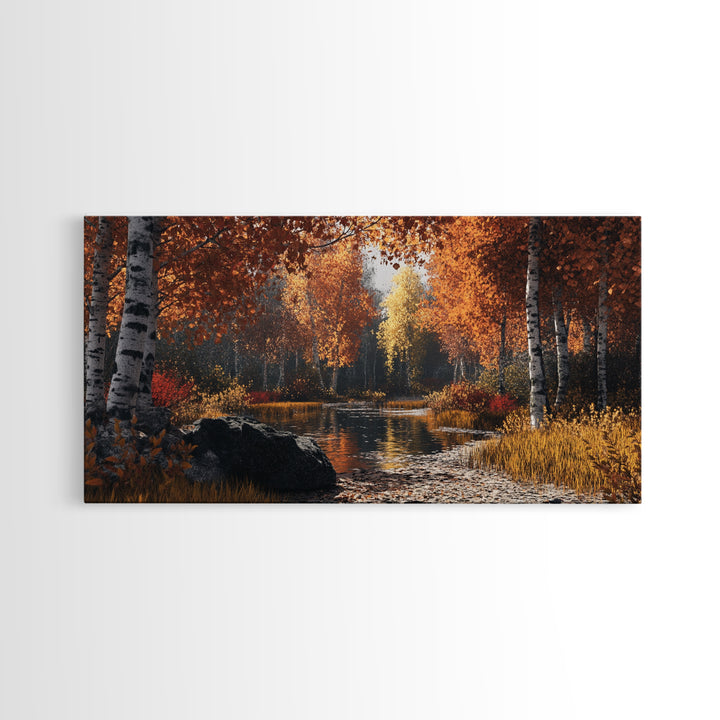 Autumn Birch Tranquility Framed Canvas Print with Birch Tree Painting and Fall Wall Art Rustic Art for Living Room Wall Decor