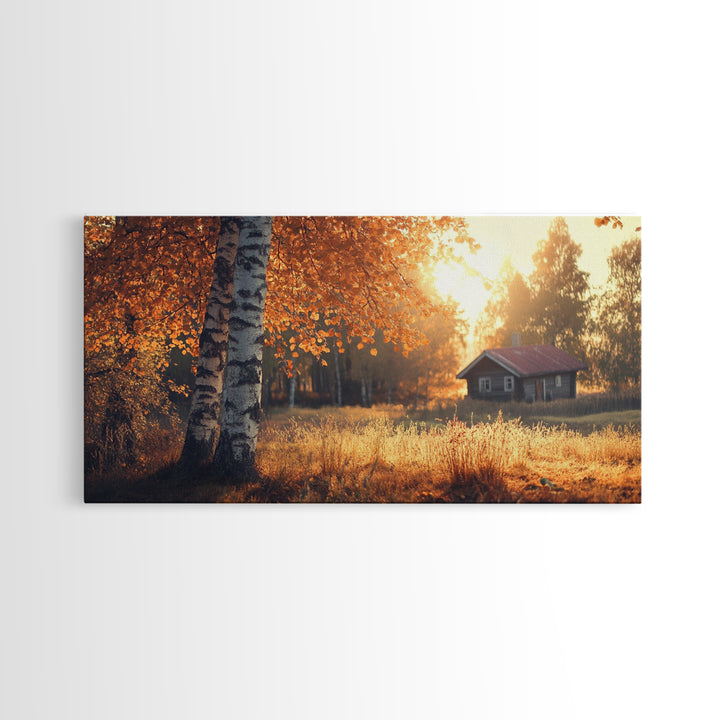 Cozy Autumn Cabin Framed Canvas Print with Fall Landscape Painting and Farmhouse Art Above Couch Art Living Room Rustic Decor