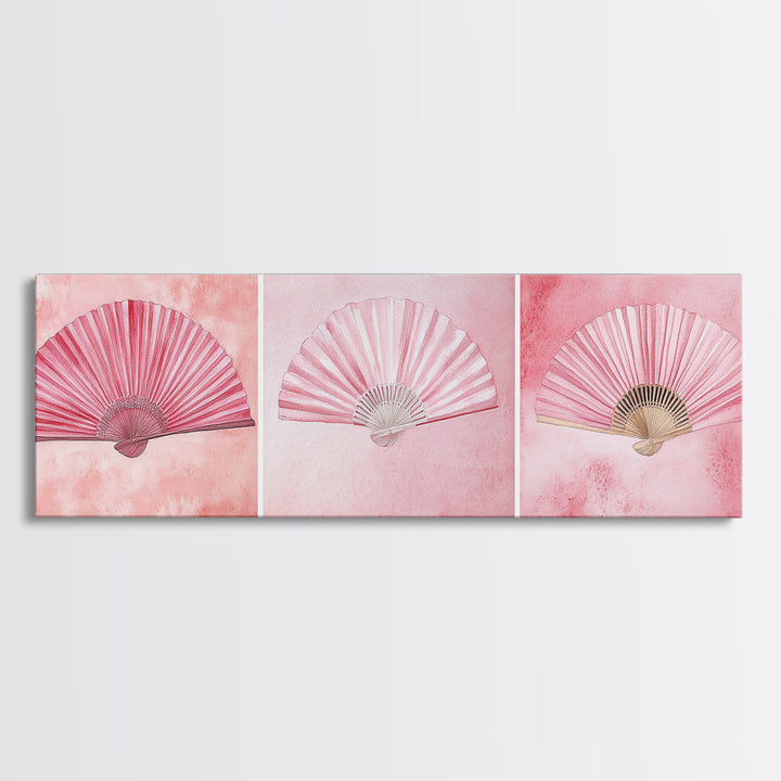Trio of Elegant Fans Canvas Print, Minimalist Boho Pink Artwork, Oriental Fan Wall Art for Bedroom, Light Pastel Wall Decor Idea