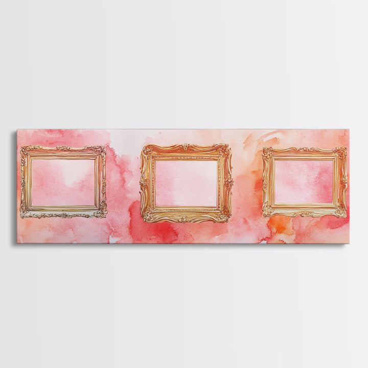 Decorative Frames Painting Canvas Print with Elegant Pink Abstract Background, Long Narrow Wall Art Perfect for Living Room Decor