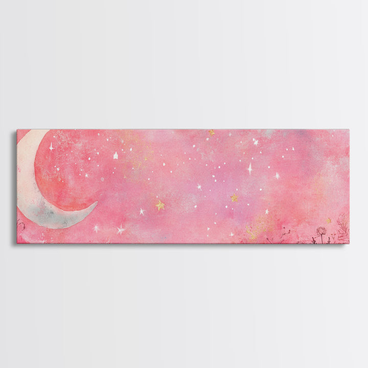 Crescent Moon Painting Canvas Print with Whimsical Starry Sky, Pink Wall Art for Living Room or Guest Room, Dreamy Decor