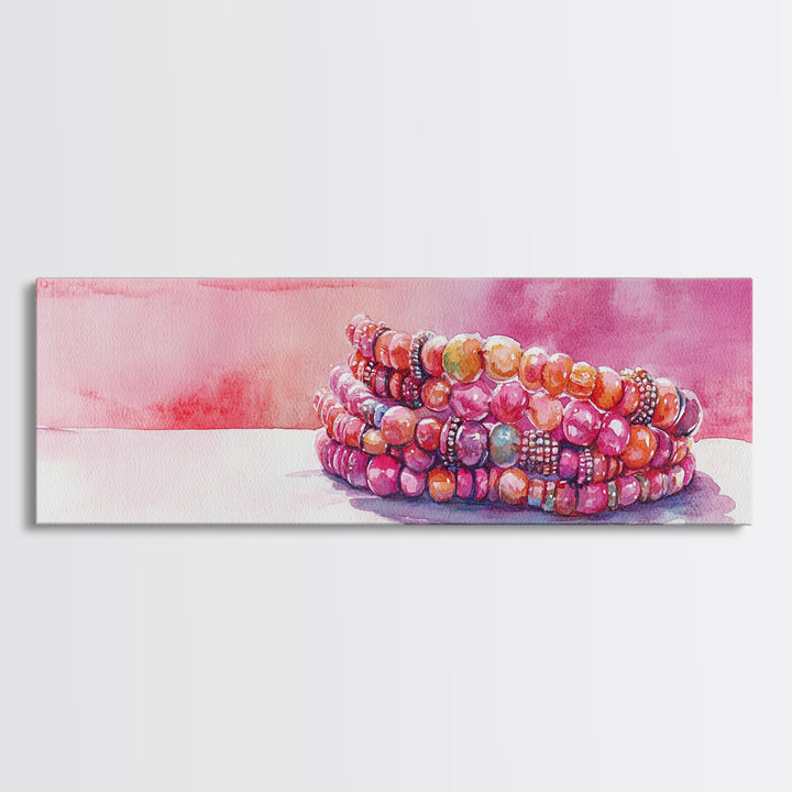Beaded Bracelet Painting Canvas Print Featuring Whimsical Jewelry, Pink Orange Wall Art Ideal Bedroom or Dressing Room Art