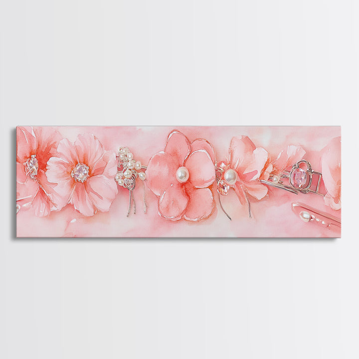 Cherry Blossom Canvas Print with Delicate Pearl Accents, Romantic Light Pink Wall Art for Bedroom or Coastal Wedding Decor