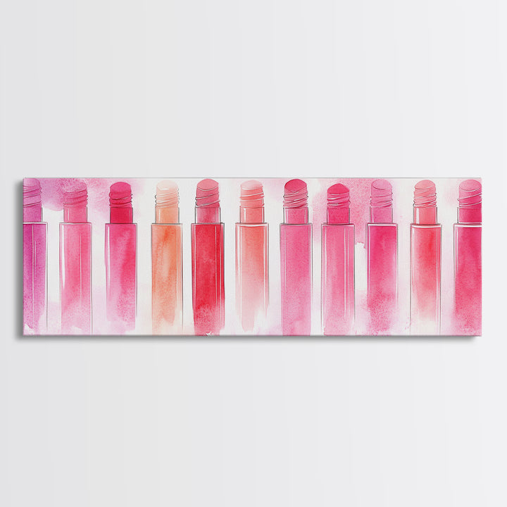 Pink Abstract Art Framed Canvas Print Featuring Lip Gloss Collection, Feminine Living Room Artwork, Boho Dorm Decor Gift Idea