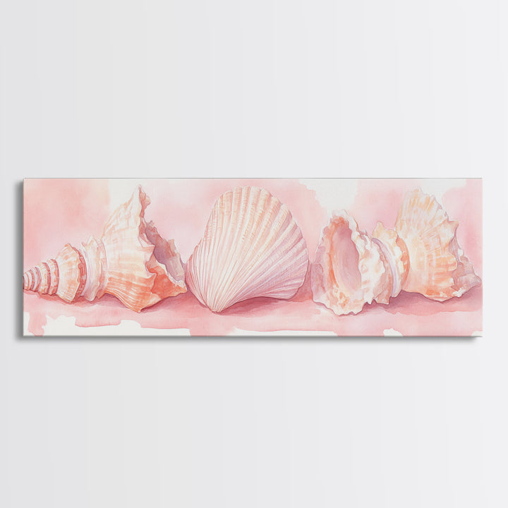 Shell Painting Framed Canvas Print Featuring Coastal Shells in Pastel Pink, Nautical Decor Idea, Horizontal Coastal Artwork