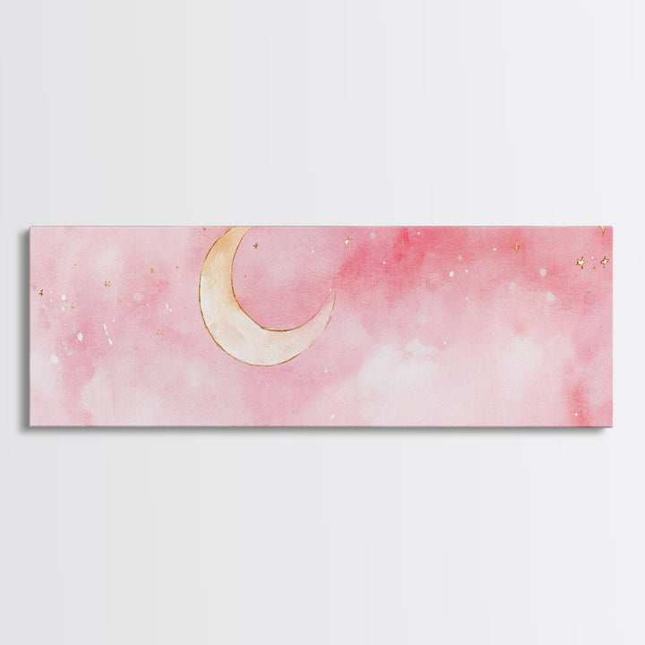 Crescent Moon Canvas Print Light Pink Wall Art Whimsical Night Sky Decor Bedroom Artwork Minimalist Boho Dreamy Gift Idea
