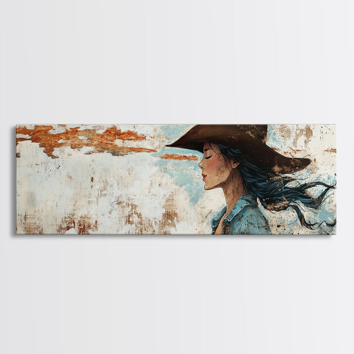 Blue Cowgirl Canvas Print Rustic Western Painting Farmhouse Art Wabi Sabi Artwork Guest Room Decor Extra Wide Wall Art