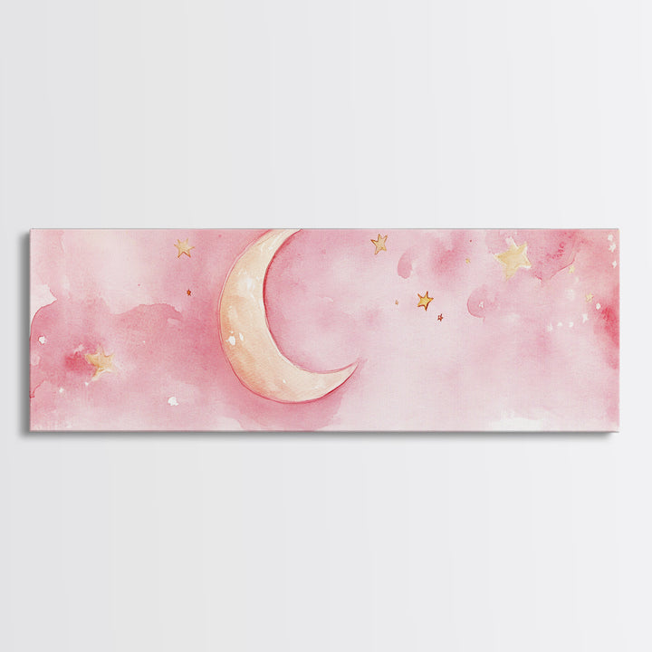 Crescent Moon with Stars Painting, Canvas Print, Light Pink Whimsical Wall Art, Nursery Aesthetic Artwork, Minimalist Cozy Decor
