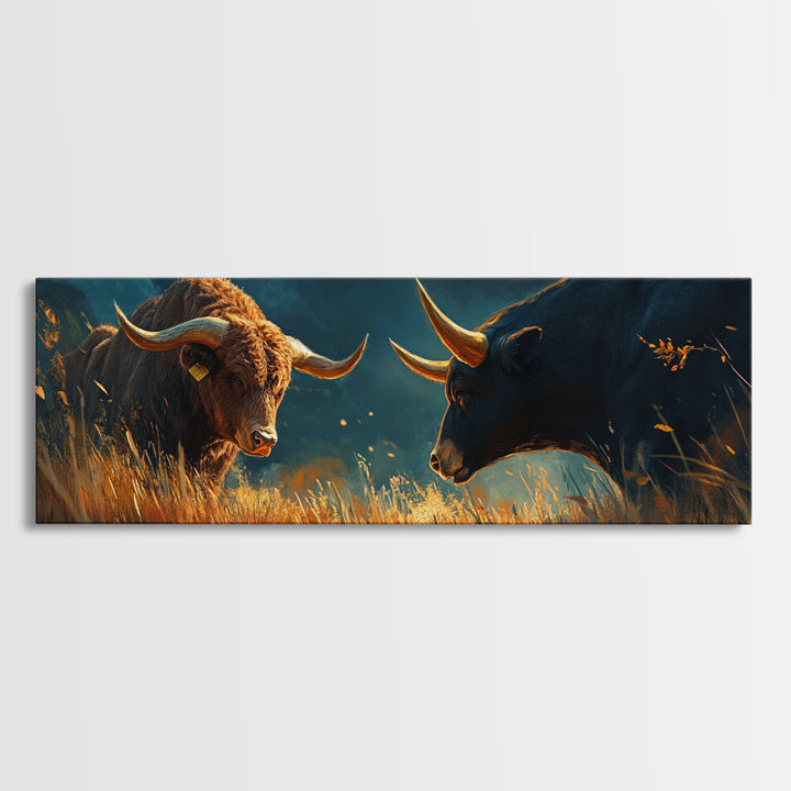 Rustic Bull Showdown Canvas Print - Dramatic Autumn Landscape Art, Industrial Wall Decor, Moody Living Room Accent, Gift Idea For Him