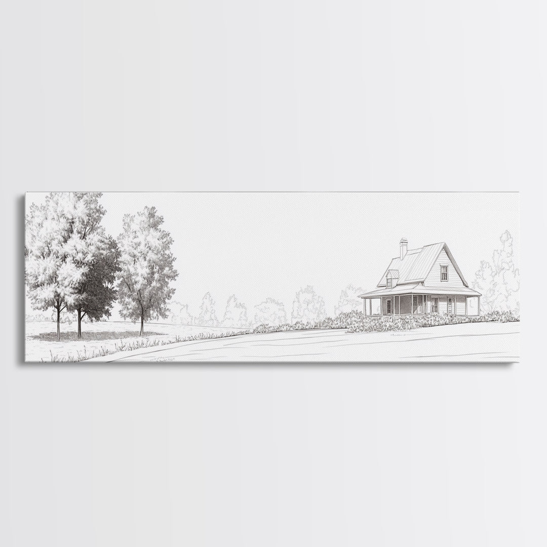 Rustic Farmhouse Framed Canvas Print, Black and White Landscape Art, Above Sofa Wall Art Minimalist Living Room Country Decor