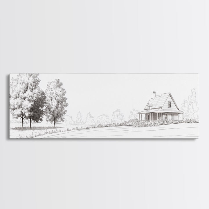 Rustic Farmhouse Framed Canvas Print, Black and White Landscape Art, Above Sofa Wall Art Minimalist Living Room Country Decor