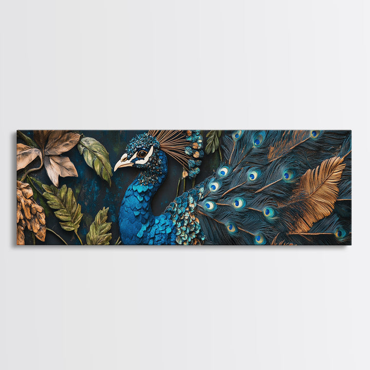Blue Peacock Framed Canvas Print Chinoiserie Style Mosaic Wall Art Boho Rustic Decor Living Room Feature Art Print