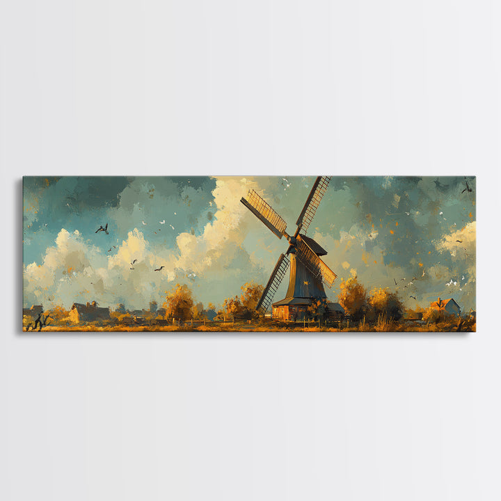 Autumn Windmill Scene Framed Canvas Print - Rustic Fall Farmhouse Art, Moody Living Room Wall Art, Horizontal Panoramic Decor Gift Idea