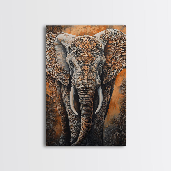 Indian Elephant Art Framed Canvas Print – Kerala Mural Painting, Sacred Geometry Decor, Ganesh Wall Art, Rustic Boho Living Room Art