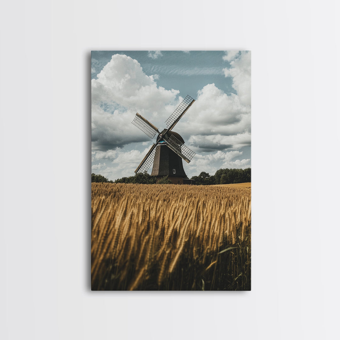 Wheat Field Windmill Framed Canvas Print Rustic Farmhouse Artwork Windmill Wall Art Minimalist Landscape Wall Decor Living Room Art