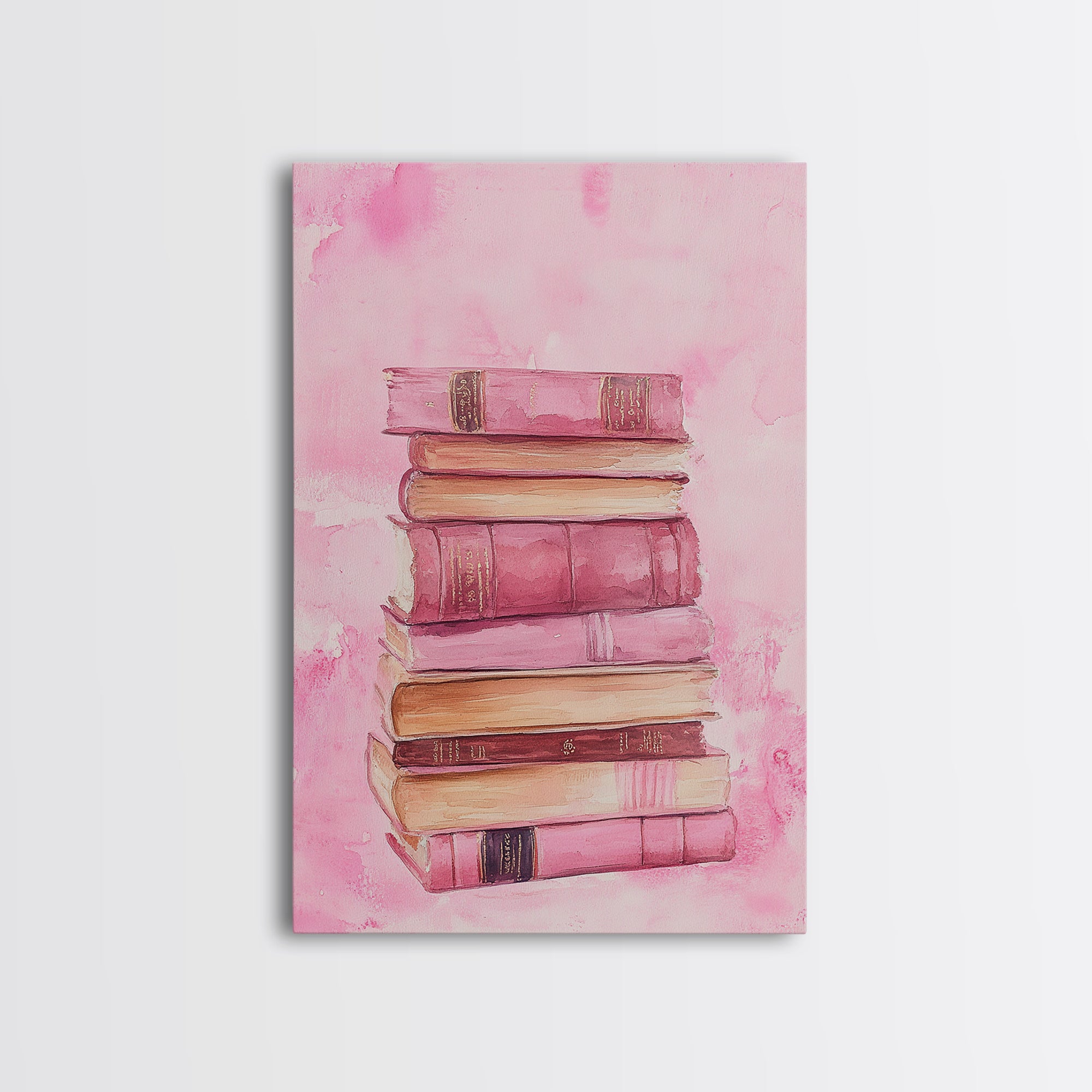Vintage Pink Book Stack Watercolor Framed Canvas Print - Cozy Cottagec ...