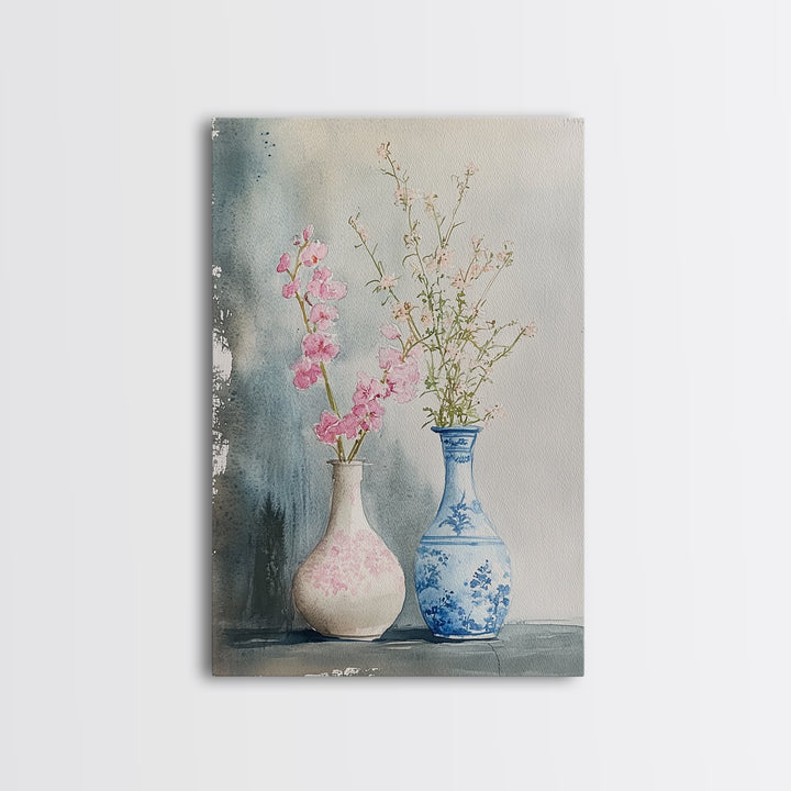 Delicate Vases Framed Canvas Print Wildflower Painting Botanical Prints Minimalist Art Light Pink Wall Art Rustic Decor Gift Idea