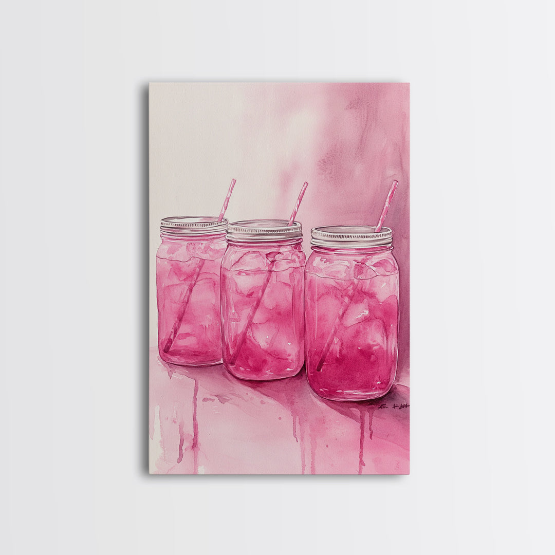 Pink Lemonade Jars Framed Canvas Print Food Review Kitchen Art Light Pink Wall Art Whimsical Art Rustic Decor Farmhouse Style