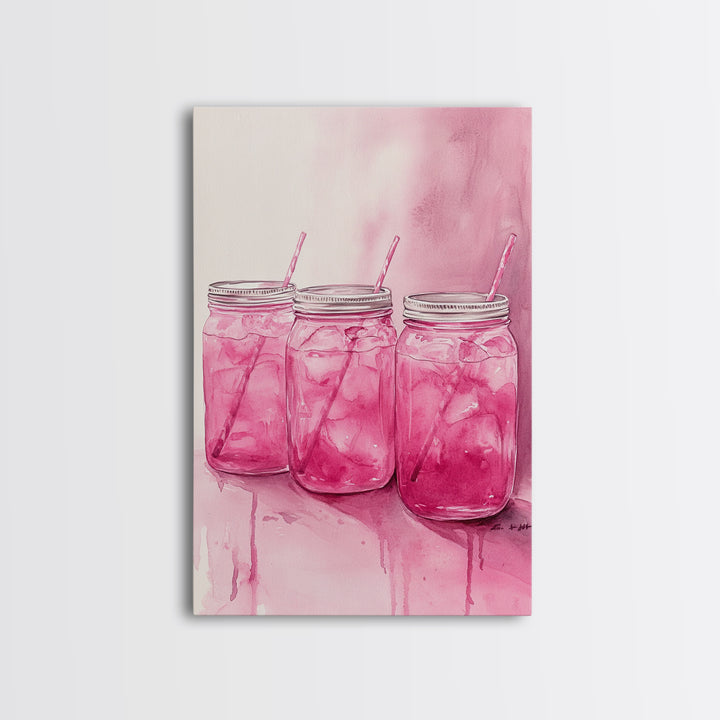 Pink Lemonade Jars Framed Canvas Print Food Review Kitchen Art Light Pink Wall Art Whimsical Art Rustic Decor Farmhouse Style