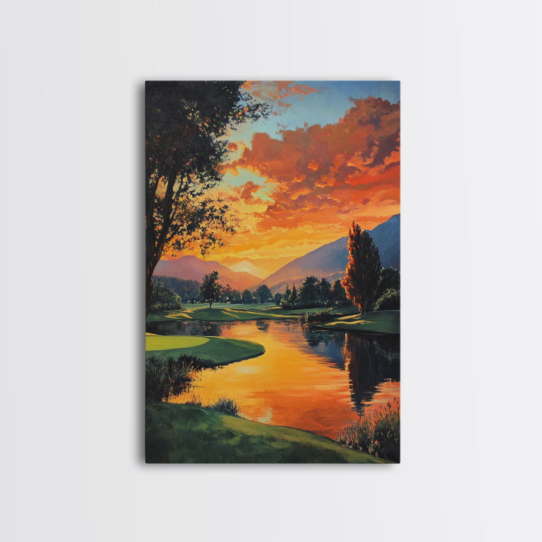 Golden Sunset Golf Framed Canvas Print, Landscape Wall Art, Rustic Horizontal Decor, Living Room Painting, Gift Idea for Him