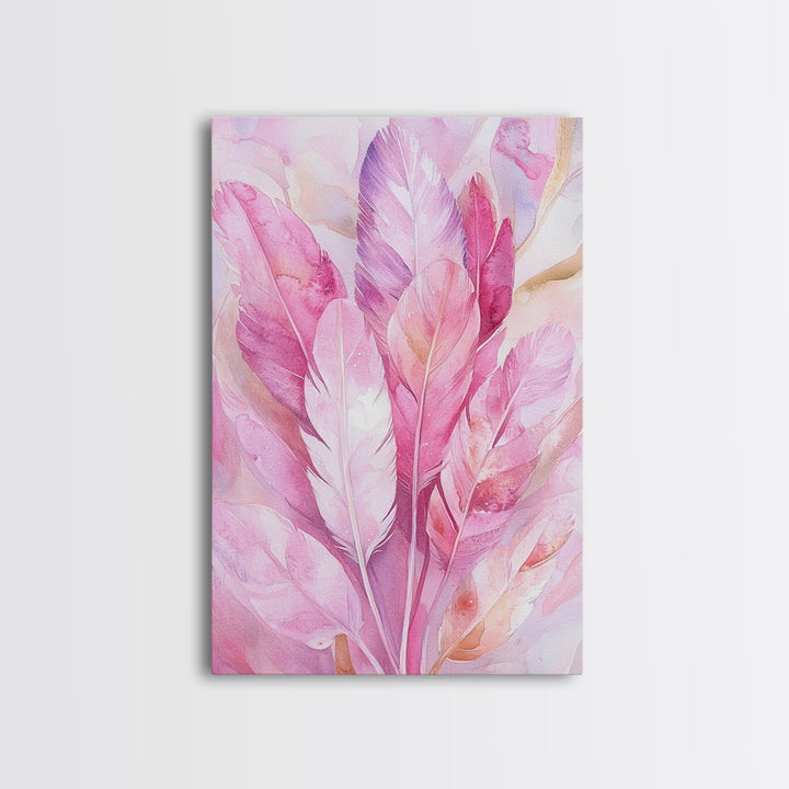 Feather Bouquet Framed Canvas Print, Light Pink Wall Art, Boho Aesthetic Minimalist Art, Bedroom or Office Decor, Romantic Nature Gift Idea